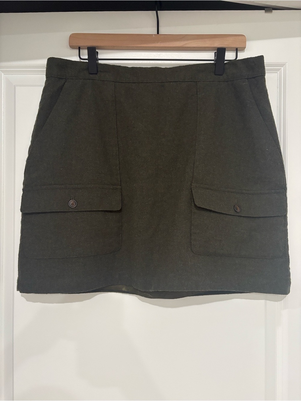 Madewell Wool Blend Olive Green Mini Skirt with Pockets, Size 14